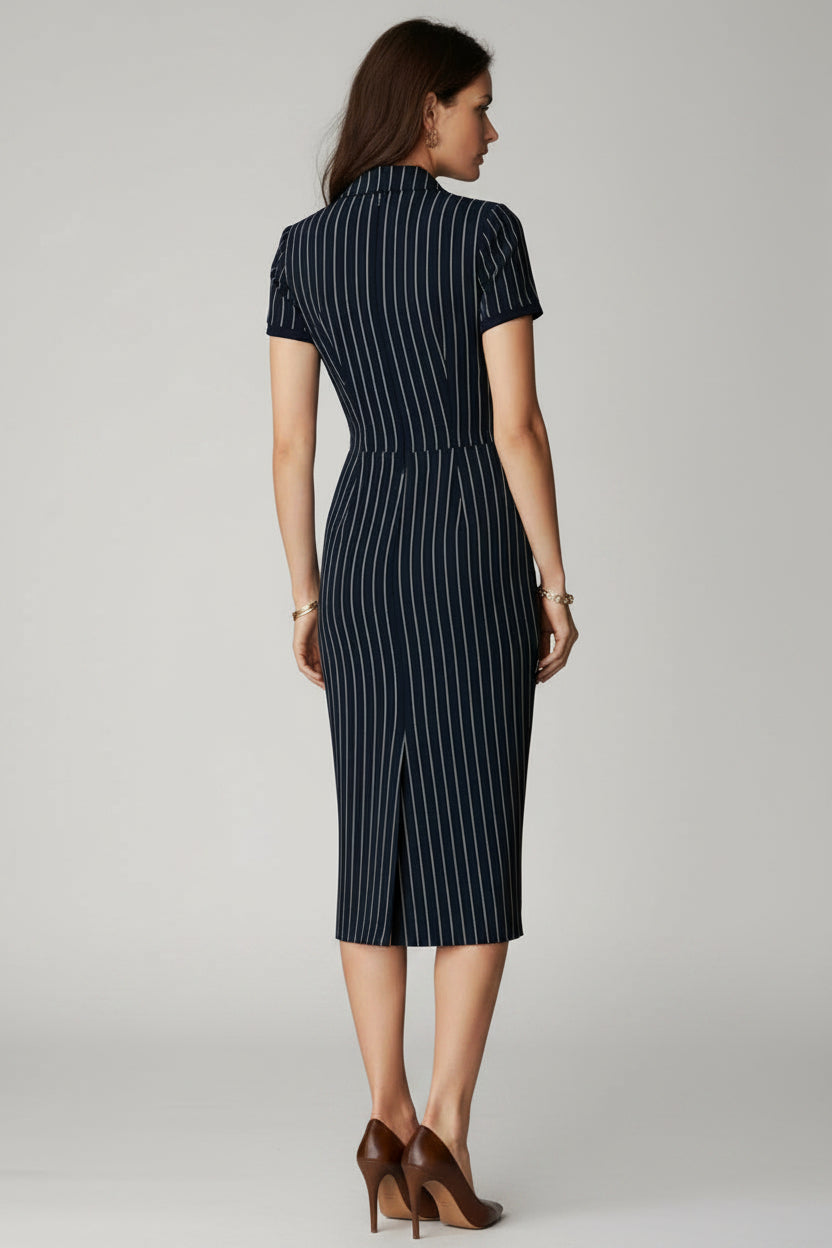 Vestido Alessia - Midi Azul Marino de Rayas Diplomáticas