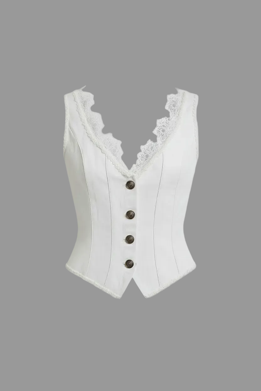 Blusa Blanca - Chaleco sin Mangas con Cuello de Encaje Vintage