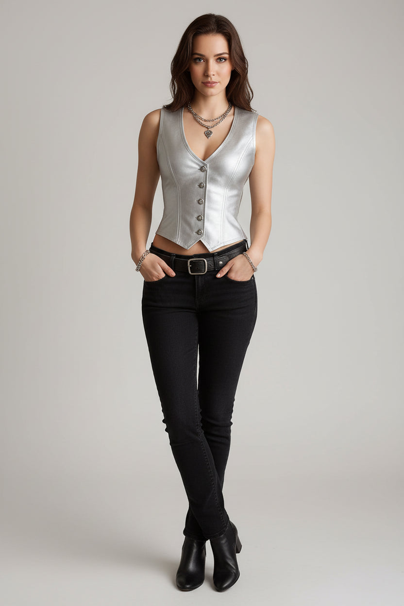 Blusa Nina - Chaleco Negro de Ecopiel con Escote en V