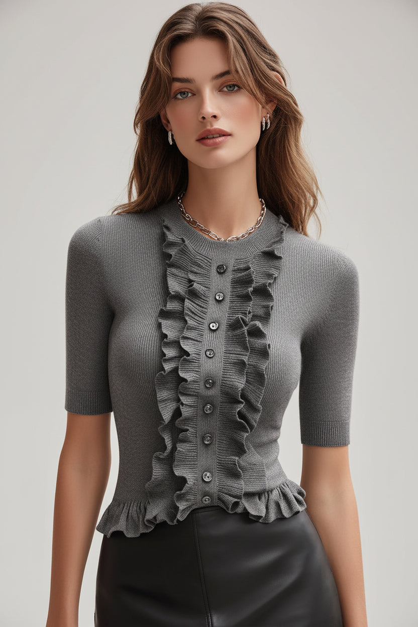 Blusa Fiorella - Top Gris de Punto con Olanes