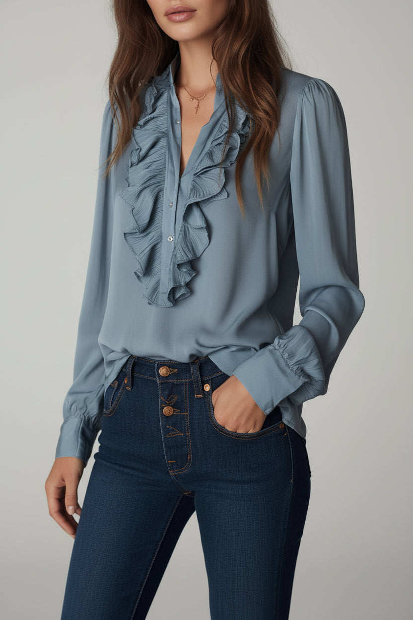 Blusa Catalina - Gasa Azul Empolvado con Olanes