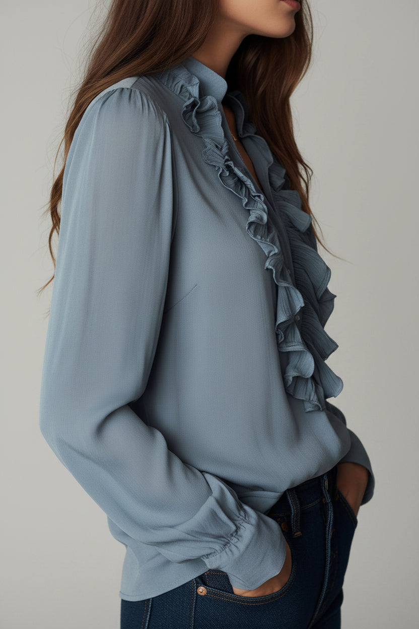 Blusa Catalina - Gasa Azul Empolvado con Olanes