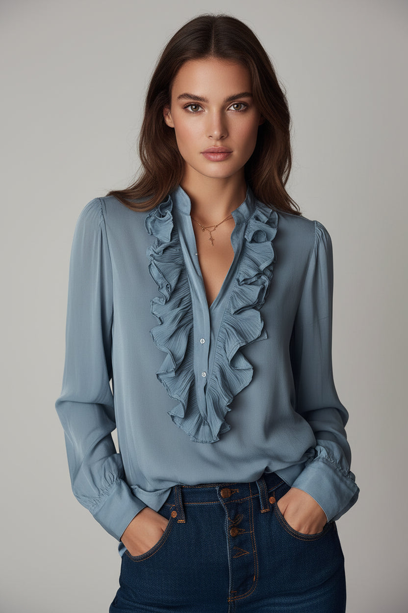 Blusa Catalina - Gasa Azul Empolvado con Olanes