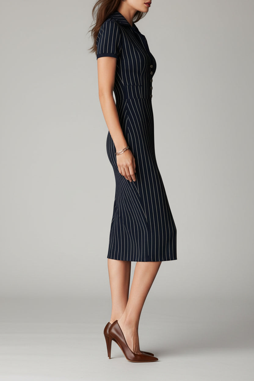 Vestido Alessia - Midi Azul Marino de Rayas Diplomáticas