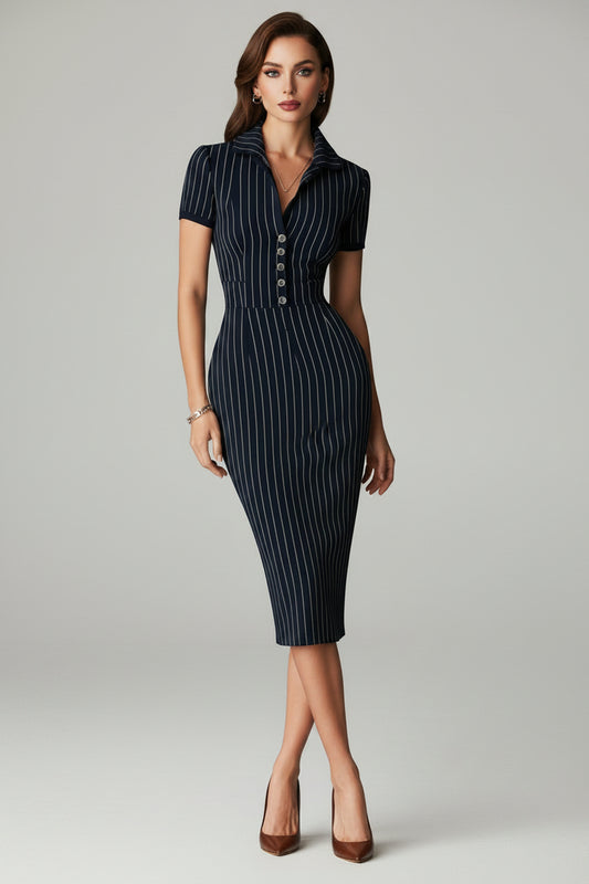 Vestido Alessia - Midi Azul Marino de Rayas Diplomáticas