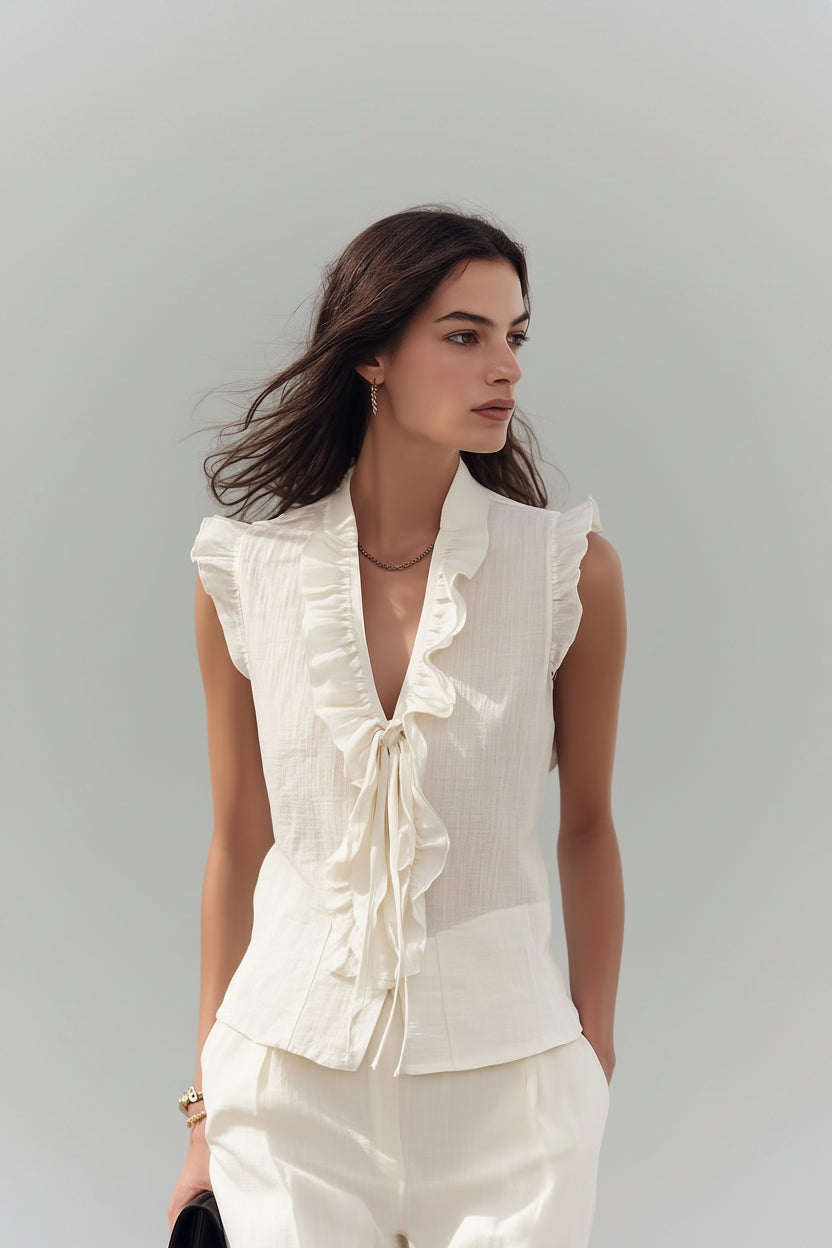 Blusa Isabella - Crema con Olanes en Mezcla de Lino